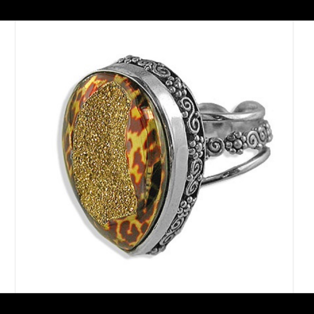 SAJEN-Gold Cheetah Window Druzy .925 SS ring